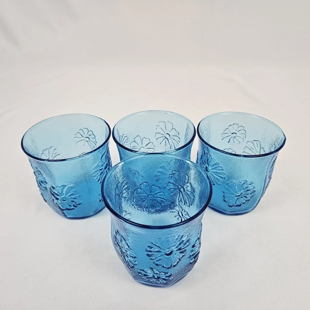 Anchor Hocking Springsong Drinking Glasses Laser Blue Flower 8 oz MCM 4 Piece